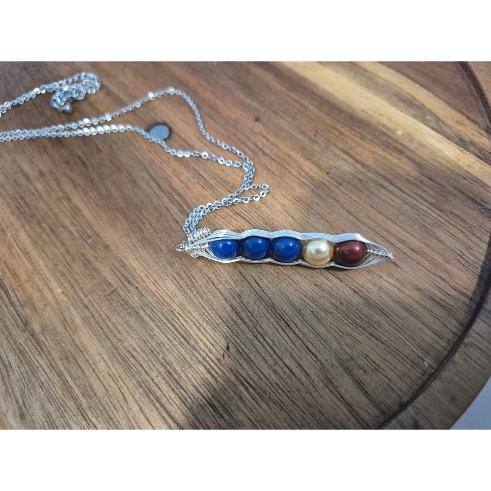 Handmade Wire Wrapped Pea Pod Necklace Silver Tone Five Bead Pendant Blue Red - Picture 3 of 7